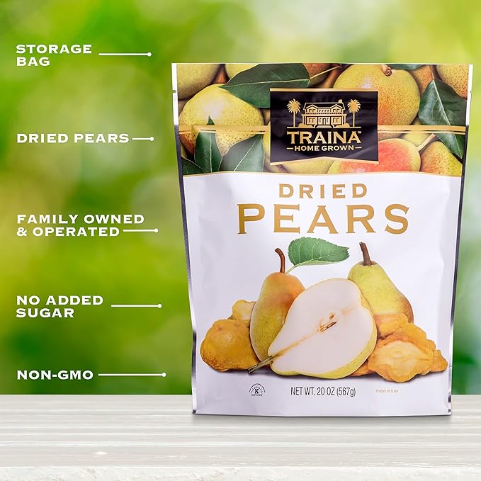 Traina Home Grown Sun Dried Pears - Healthy & Non-GMO, Natural Sweet Flavor Fruit No Sugar Added, Perfect Snack In Resealable Pouch (20 Oz)