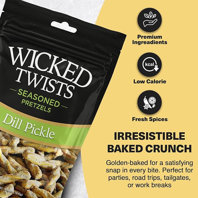 Wicked Twists Dill Pickle Seasoned Pretzels Twists 5.5 oz (1 Pack) Snack Pretzel Sticks Rods, Bold Flavor Snack, Resealable Fresh Pack, Baked Crunch, Party & School-Ready