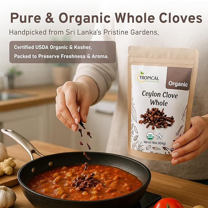 Tropical Goodness Pure Ceylon Clove Whole, Organic Whole Cloves, USDA & Kosher Certified, Premium Grade, 16 oz, Non-GMO, Gluten-Free (1 lb)