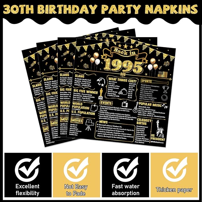 96Pcs 30th Birthday Plates and Napkins Back in 1995 Party Decorations Black Gold 30 Year Old Party Dessert Plates 1995 Tableware for 24 Guests 30th Theme Men Woman Birthday Supplies