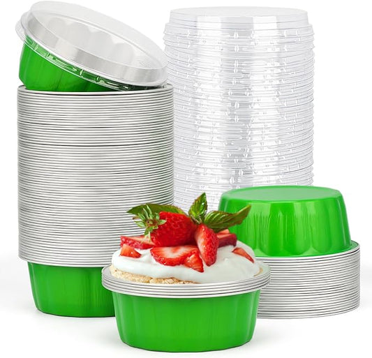 Beasea Disposable Ramekins 8oz, 100 Pack Foil Cups with Lids Cupcake Cups Grass Green Aluminum Foil Cups Creme Brulee Muffin Cupcake Baking Cup Mini Pudding Cake Tins for Party Wedding Birthday