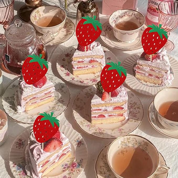 24 Pack Strawberry Cupcake Toppers Glitter Birthday Strawberry Cupcake Picks for Fruit Baby Shower Kids Birthday Summer Berry Cupcake Decorations Party Supplies Red