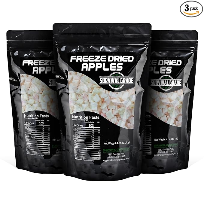 Survival Grocery® Freeze Dried Apples - Non-GMO, Gluten-Free, Unsweetened Diced Apple Pieces - Natural Freeze Dried Fruit For Oatmeal, Granola, Smoothies, Baking Or On-the-go Snacking (12 oz./3 Bags)