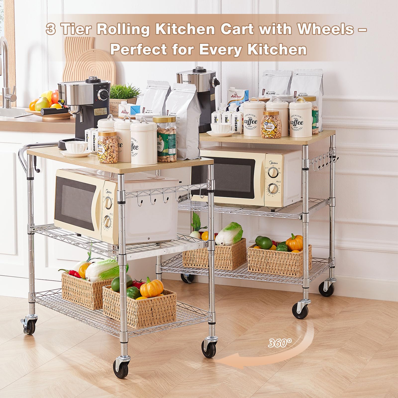 3 Tier Rolling Kitchen Cart with Wood Tabletop, Kitchen Island Carts with Wheels & Slider Shelf
