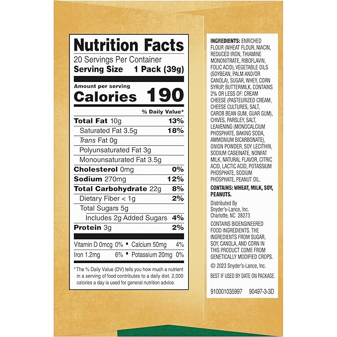 Lance Sandwich Crackers, Captain's Wafers Cream Cheese and Chives, 20 Packs, 6 Sandwiches Each