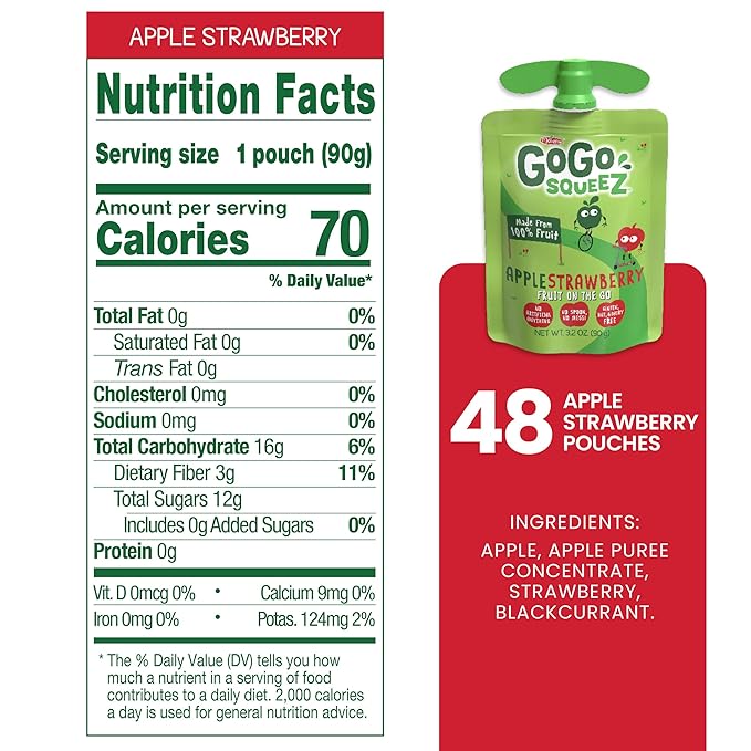 GoGo squeeZ Applesauce and Fruit Puree, Apple Strawberry, 3.2 oz (Pack of 48), Unsweetened Fruit Snacks for Kids, Gluten Free, Nut Free and Dairy Free, Recloseable Cap, BPA Free Pouches