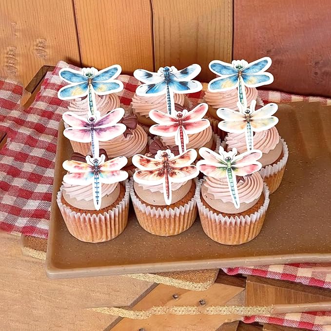Rsstarxi 60 Pack Insect Dragonfly Edible Cake Toppers Rice Paper Insect Themed Birthday Cupcake Picks for Baby Shower Birthday Wedding Anniversary Party Cake Decorations