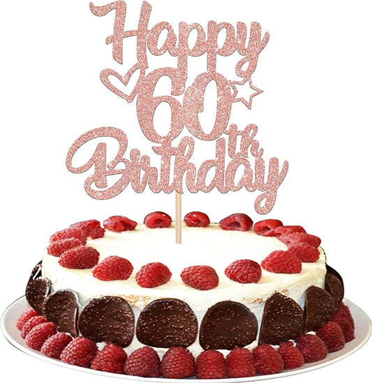 1 Pack Happy 60th Birthday Cake Topper Glitter Heart Star 60 Fabulous Cake Pick Birthday Sign Cake Decorations for Children 60th Birthday Theme Party Supplies Rose Gold