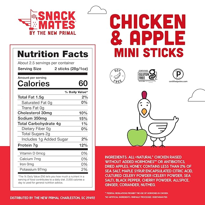 New Primal Snack Mates Chicken & Apple Sticks, Gluten Free Healthy Snacks for Kids, Low Sugar High Protein Back to School Snacks, Mini Paleo Jerky Meat Stick, 7g Protein, 60 Calories, 0.5 Ounce (10 Pack)