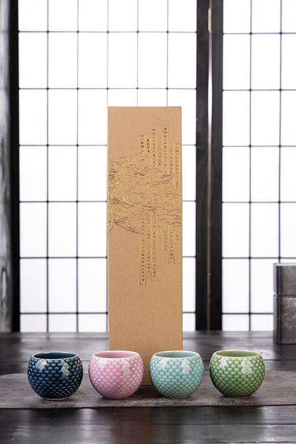 MQjzsh Handmade Chinese Japanese Tea Bowls, Tea Cup Set, 4 Pack, 110ml / 3.7oz for Office, Home, Gifts (Lg,Lb,Lp,B)
