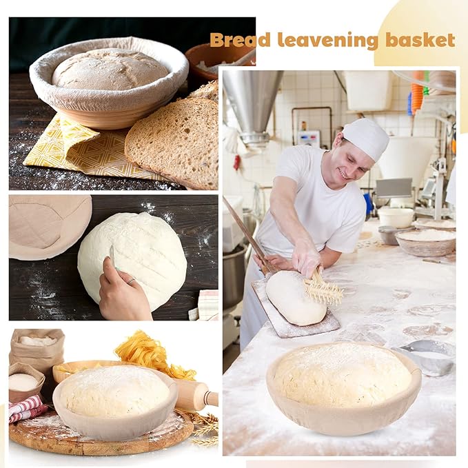 Nuogo Set of 5 Banneton Bread Proofing Basket 8.5 inch Round Sourdough Proofing Basket Bowl with Liners and Scatters for Home Making Bread Bakers Baking
