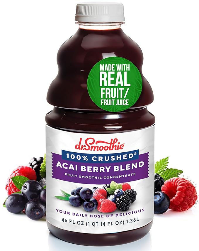 Dr. Smoothie 100% Crushed Acai Berry Blend ??No Added Sugar, Made with Real Fruits/Fruit Juice ??Vegan, No Artificial Colors or Flavors ??Brazilian Acai, Banana, Berries & Pomegranate ??46 oz Bottle