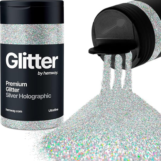 Hemway Premium Glitter Shaker - Silver Holographic | Ultrafine Metallic Flake Sequins for Resin & Epoxy Crafts | Craft Supplies for Tumblers, Festival, Face, Body, Eye & Nail Art Decoration | 115 g