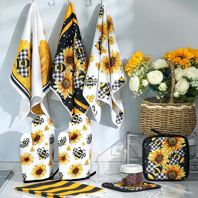 Bencailor 8 Pcs Kitchen Towel Pot Holders and Oven Mitts Set Kitchen Decoration 4 Dish Towels 2 Retro Oven Mitts 2 Potholders for Housewarming Gift Cooking Baking Grilling(Bee and Sunflower,Yellow)