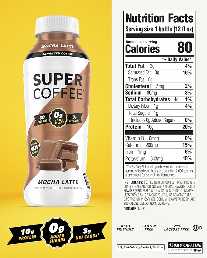 SUPER COFFEE, Keto Protein Coffee (0g Added Sugar, 10g Protein, 70 Calories) [Mocha] 12 Fl Oz, 12 Pack | Iced Smart Coffee Drinks