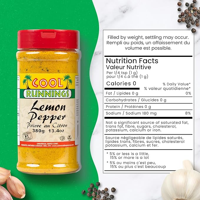 Cool Runnings Lemon Pepper 380g - Zesty and Savory Blend for Enhancing Chicken, Seafood such as Salmon, and Vegetables, Ideal for Roasting and Grilling