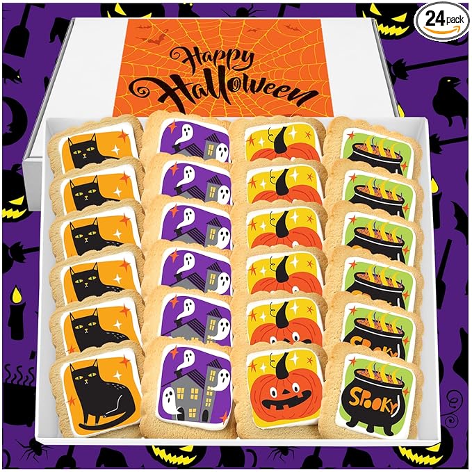 Halloween Cookies 24 Pack Decorated | INDIVIDUALLY WRAPPED Bulk Party Favors Sugar Cookies | Gift Basket Pumpkin Ghosts Scary | Peanut & Nut Free | Class Treats
