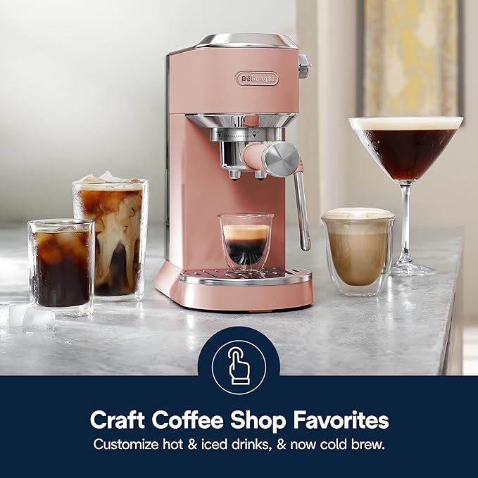 De'Longhi Dedica Duo Compact Espresso Machine - Cold Brew Coffee Maker with Milk Frother Wand- for Espresso, Hot & Iced Coffee, Cappuccinos, Lattes & Home Barista Brewing, Ros챕 Pink
