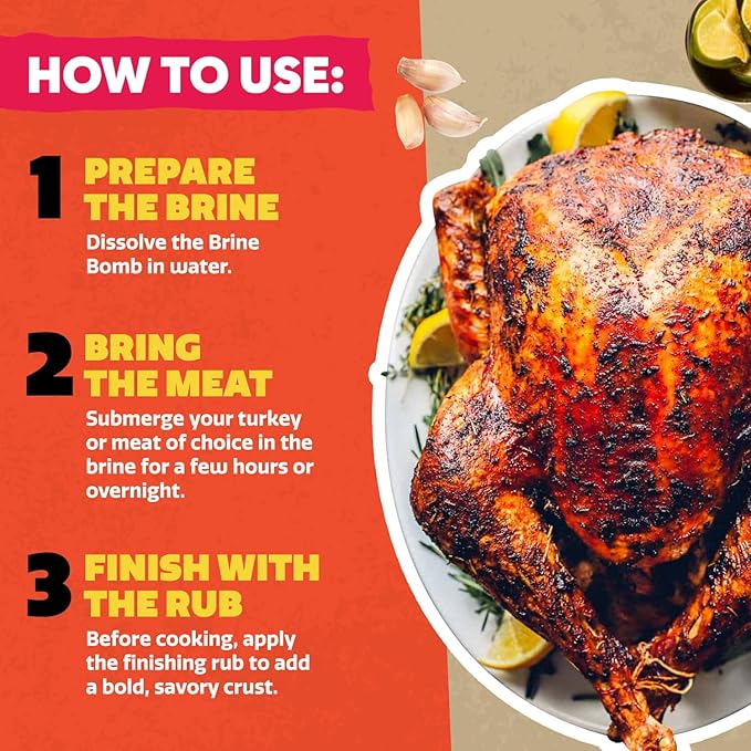 EZ Bombs Garlic Rosemary Brine Bomb Seasoning with Finishing Rub, Pack of 1 – All-in-One Turkey Brine Kit for Juicy, Flavorful Meat – Perfect for Turkey, Chicken, Pork, and Beef – Brines Up to 20 lbs