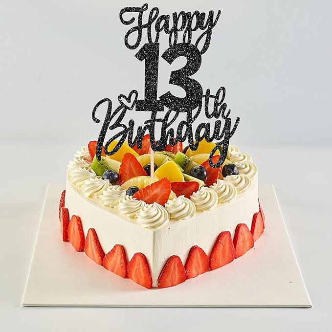 1 PCS Happy 13th Birthday Cake Topper Glitter Cheers to 13 Years Birthday Cake Pick 13 Official Teenager Cake Decoration for Happy 13th Birthday Anniversary Theme Party Decorations Supplies Black
