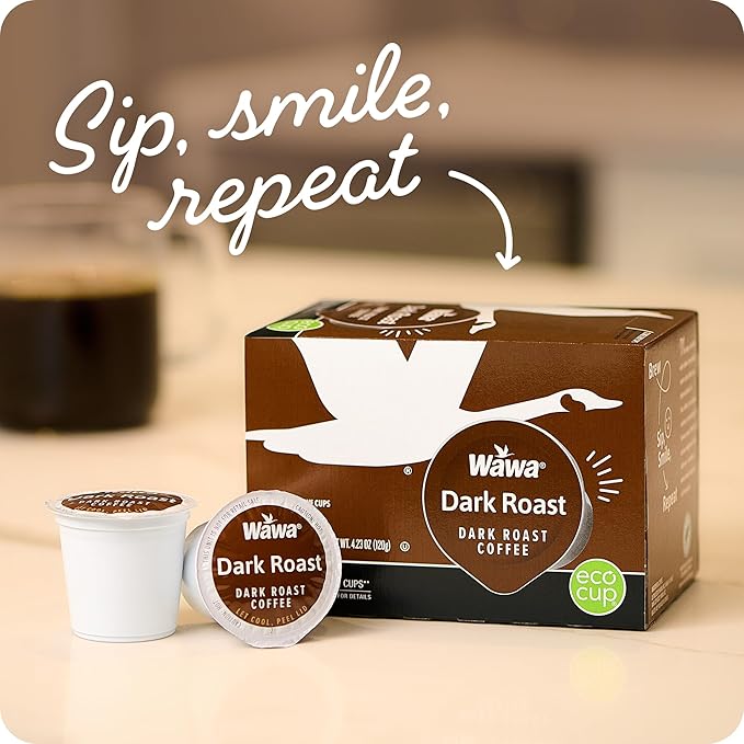 Wawa Dark Roast Single Cup Coffee Pods, 12 Pods, 1 Box, Full Bodied Blend, Spicy & Smoky Notes, Single Serve, Bold & Complex, 100% More Responsibly Sourced from Rainforest Alliance Certified Farms