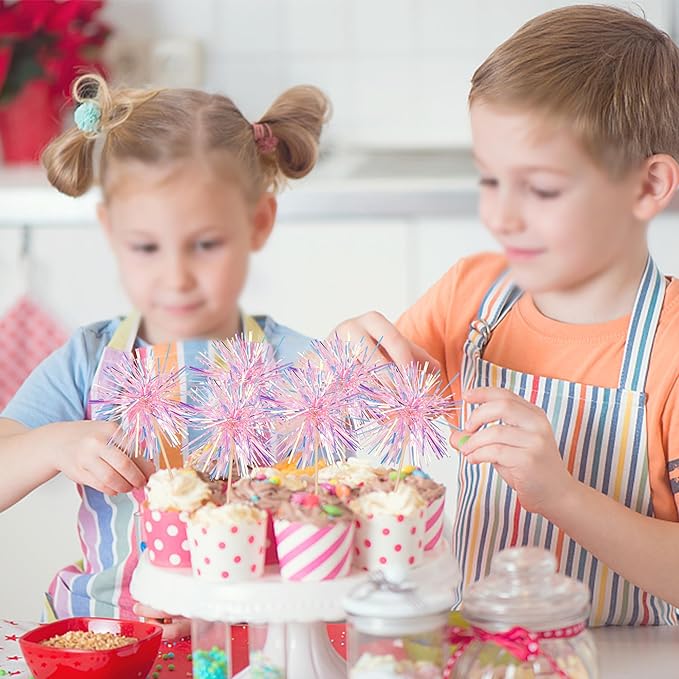 30 PCS Foil Firework Cupcake Toppers Happy Birthday Cupcake Toppers Sparkle Tinsel Flower Drink Stirrers Cocktail Fruit Toothpicks for Valentine's Day Baby Shower Party Cake Decor Supplies Pink
