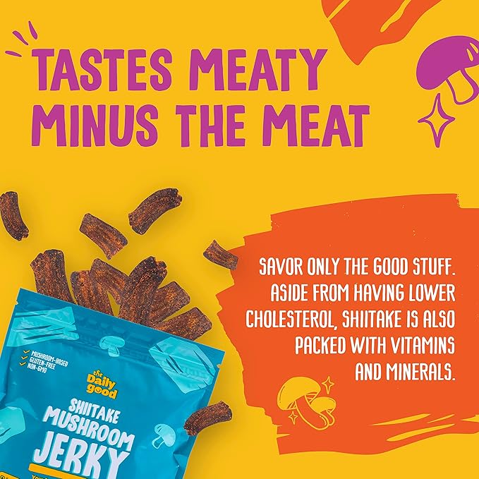 The Daily Good Mushroom Jerky - Single-Pack Snacks, Yummy High-Fiber Mushroom Snack, Meatless & Gluten-Free Food, Contains Eggs, Made from Shiitake Stalk, 0.58 lbs., Vegetarian, Original Flavor