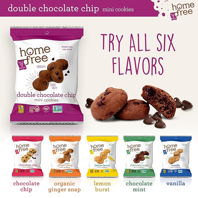 Homefree Treats You Can Trust Gluten Free Mini Cookies, Single Serve, Double Chocolate Chip, 0.95 Ounce (Pack of 64)