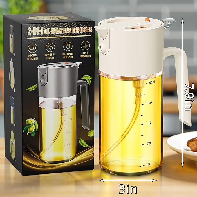 Oil Sprayer for Cooking, 2025 Large Advanced Olive Oil Dispenser Bottle,500ml/17oz Glass Olive Oil Sprayer,2 in 1 Even Spray with Portion Control for Kitchen, Air Fryer, Salad, BBQ - White