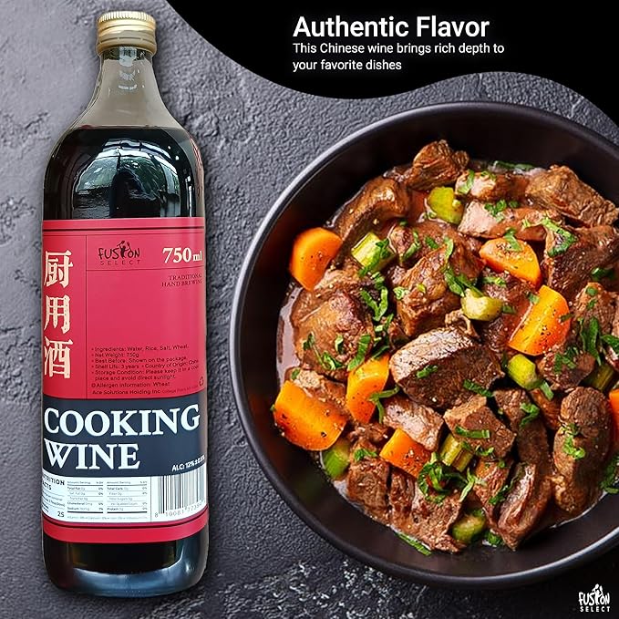 Fusion Select Authentic 750ML Chinese Cooking Wine - Traditional Hand-Brewed Shaoxing Rice Wine for Marinades, Deglazing, Stir Fries, Soups, Stews, Asian-Inspired Dishes - 25 Servings per Bottle