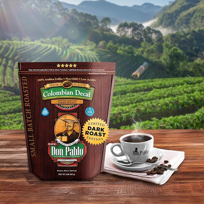 Don Pablo Colombian Decaf - Limited Edition Dark Roast Gourmet Coffee, Swiss Water Process Decaf, 100% Arabica Whole Bean, Non-GMO, Low Acidity, 2 Pound (2 lb) Bag