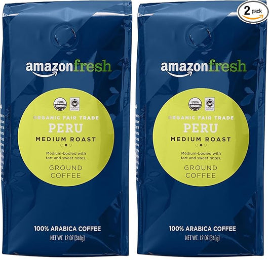 AmazonFresh Organic Fair Trade Peru Ground Coffee, Medium Roast, 12 Ounce (Pack of 2)
