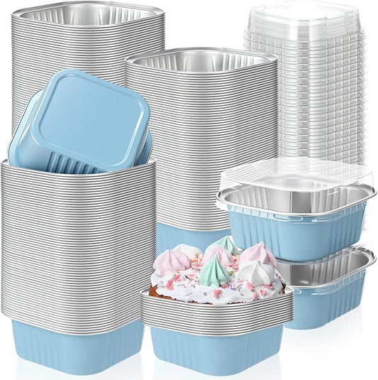 Aoriher 150 Pieces 10 oz Mini Cake Pans with Lids Aluminum Foil Baking Cups Square Disposable 4" x 4" Large Cupcake Cups Baking Tins for Kitchen Brownie Pudding Desserts Holders(Sky Blue)