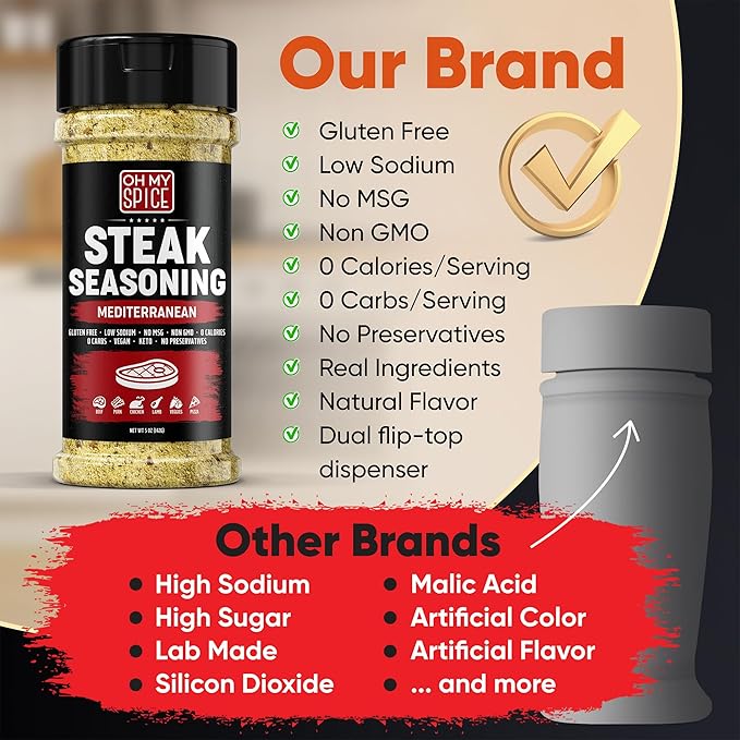 Steak Seasoning Pizza Seasoning Blend Mix - Gluten Free & Low Sodium Italian Seasonings for Beef & Ribeye Steaks. Mediterranean Spices for Cooking. Meat Seasonings for Grilling. Steak Rub Salt. 5.5oz