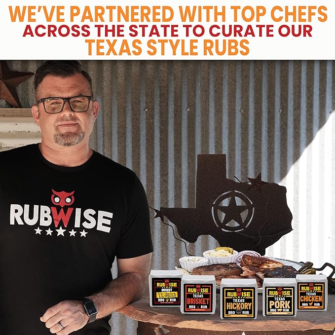 RubWise Texas Style BBQ Rub Gift Set (6 x 1 lb bags) | Meat Spice and Seasoning Variety Pack | Smoking & Grilling Gifts for Men | Brisket Rubs, Chicken, Pork, Hickory, Spicy, El Jefe | Shaker Included