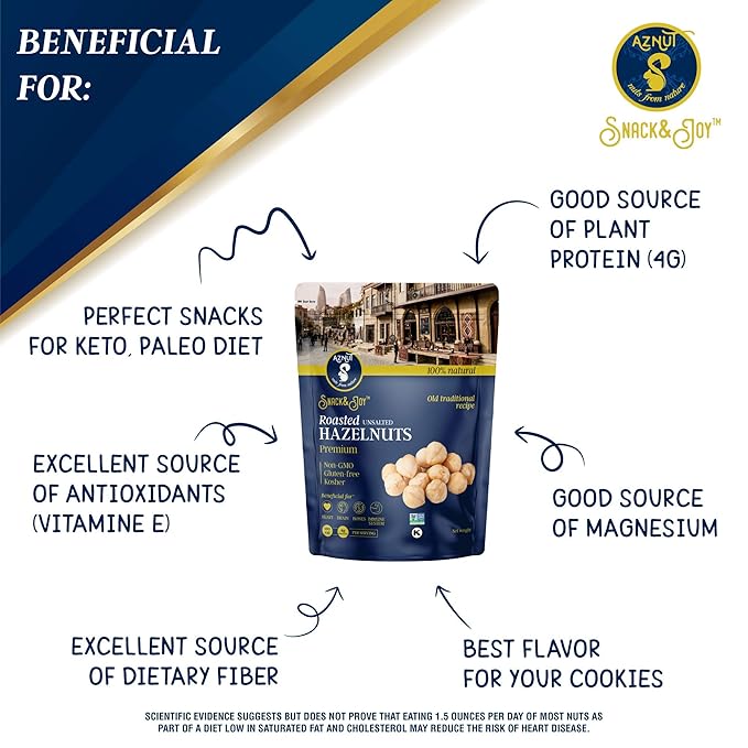 AZNUT Roasted Unsalted Hazelnuts 2 LB, Premium Quality 100% Natural Non-GMO Project Certified, Kosher Certified, No Salt, No Oil, Gluten Free, Keto Diet Snacks, Resealable Bag 2 LB