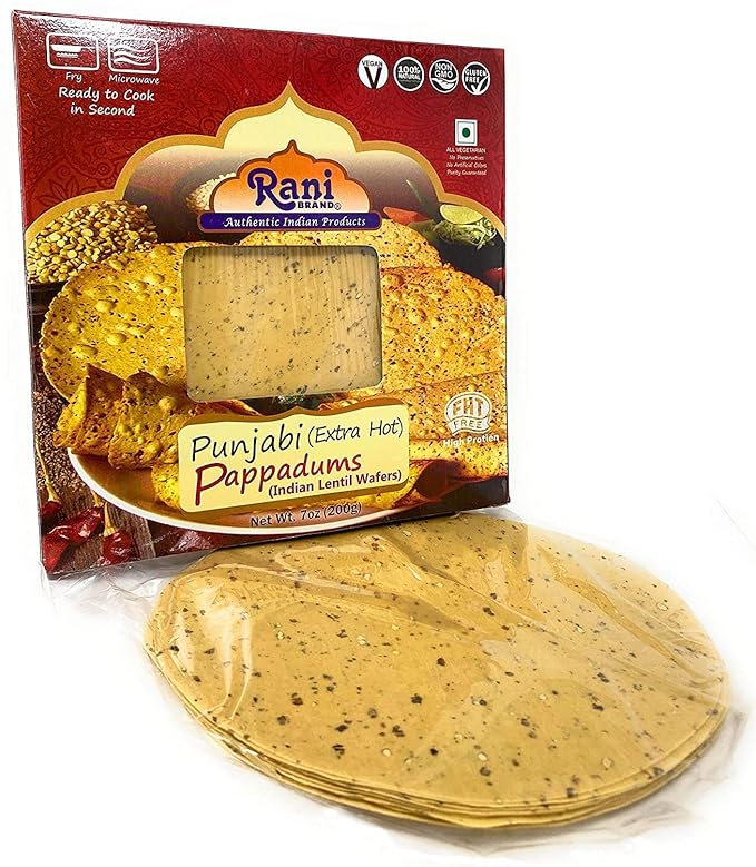 Rani Pappadums (Indian Lentil Wafer Snack) Punjabi Papad - Extra Hot, 7oz (200g) Approximately 15pc, 7 inches, Pack of 12 ~ All Natural | Gluten Friendly | NON-GMO | Vegan | Indian Origin