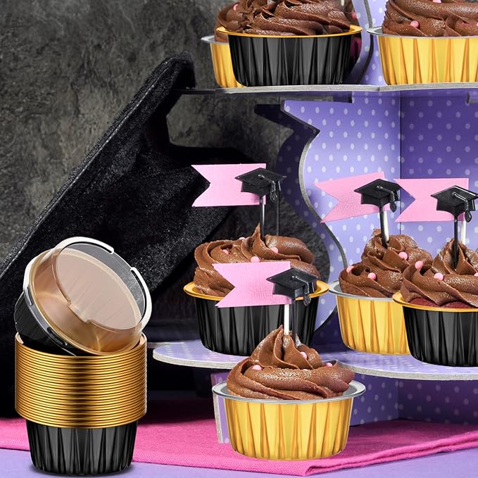 120 Pcs Aluminum Foil Baking Cups Mini Cake Pans with Lids 5 oz Cupcake Liners Disposable Muffin Tins Wrappers Baking Foil Ramekins Pans Aluminum Cupcake Cups for Birthday Party(Black, Gold)