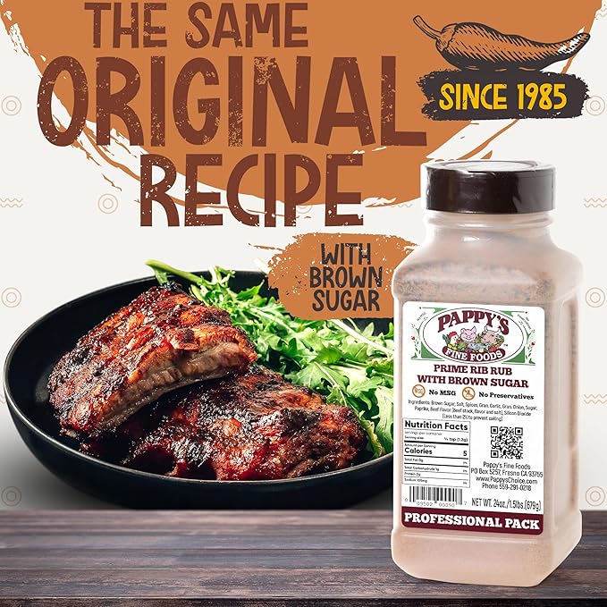 New Pappy's Prime Rib Rub With Brown Sugar. Perfect for bbq and smoked brisket, steak, beef, chicken, fajita, seafood, veggies, rotisserie, fried, roast pulled and slow cooked meats and more - A NEW twist on a 30+ year seasoning recipe.