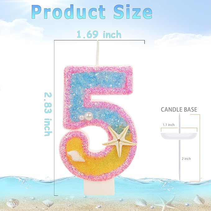 5th Birthday Candle for Cake, Pink Beach Starfish Sequins Number Cake Candles, 2.76 inch Pink Cake Topper Decoration for Birthday Party (Number 5)