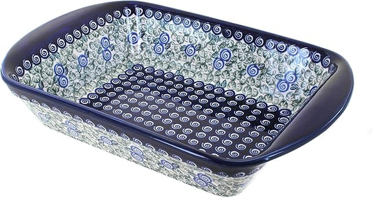 Blue Rose Polish Pottery - Blue Seaside Swirl Large Rectangular Baker with Handles - 9" x 6.5" - Unique, Dishwasher Safe, & Durable Bakeware