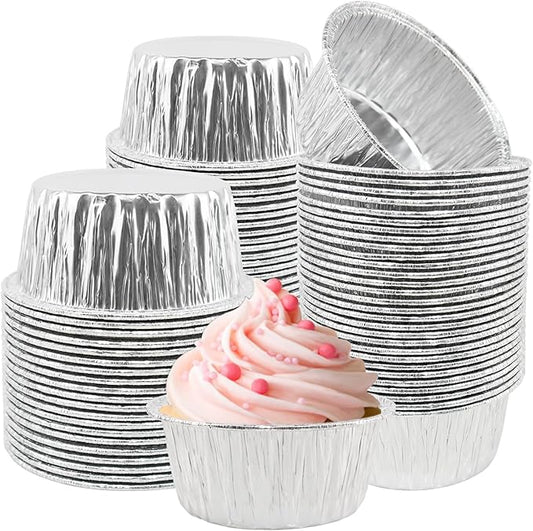Aluminum Foil Baking Cups, 150 Pack Disposable 5 Oz Ramekins Aluminum Cupcake Muffin Liners Silver Foil Baking Cups for Egg Tart, Baking, Cupcake, Pudding, Appetize