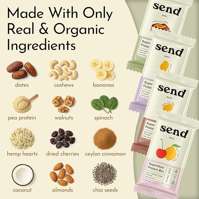 Send Bars Plant-Based Vegan Healthy Protein Bars, With Greens (Peanut Butter, 8 Bars) ??Only Real Ingredients, Zero Added Sugar, Gluten-Free, Dairy-Free