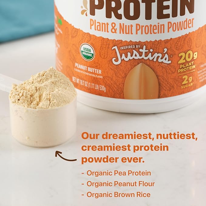 Orgain X Justin's ì§?Organic Vegan Nut Butter Protein Powder, Peanut Butter- 20g Plant Protein, 2g Sugar, Gluten Free, No Dairy, Soy Ingredients, or Artificial Flavors, 1.17 lb