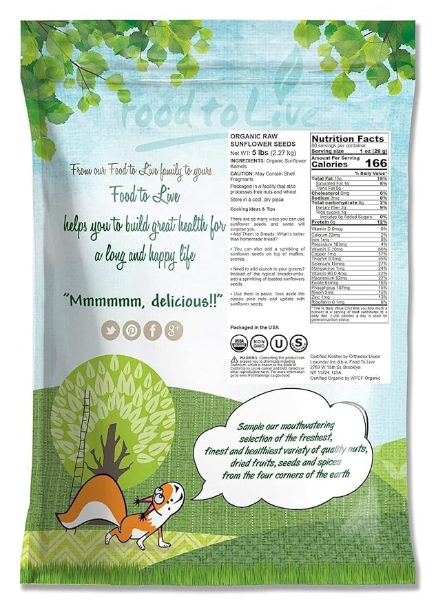 Food to Live Organic Sunflower Seeds, 5 Pounds Hulled, Raw, Non-GMO, Dried Kernels, Unsalted, Kosher, Vegan, Keto, Paleo, Sirtfood, Bulk, Good Source of Protein