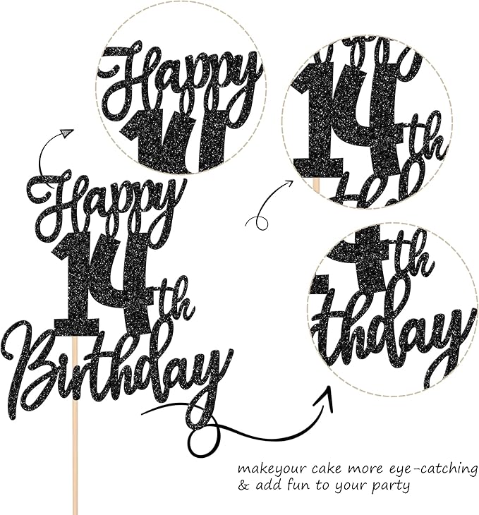 1 PCS Happy 14th Birthday Cake Topper Glitter Cheers to 14 Years Birthday Cake Pick Fourteen Hello 14 Fabulous Cake Decoration for Happy 14th Birthday Anniversary Party Decorations Supplies Black