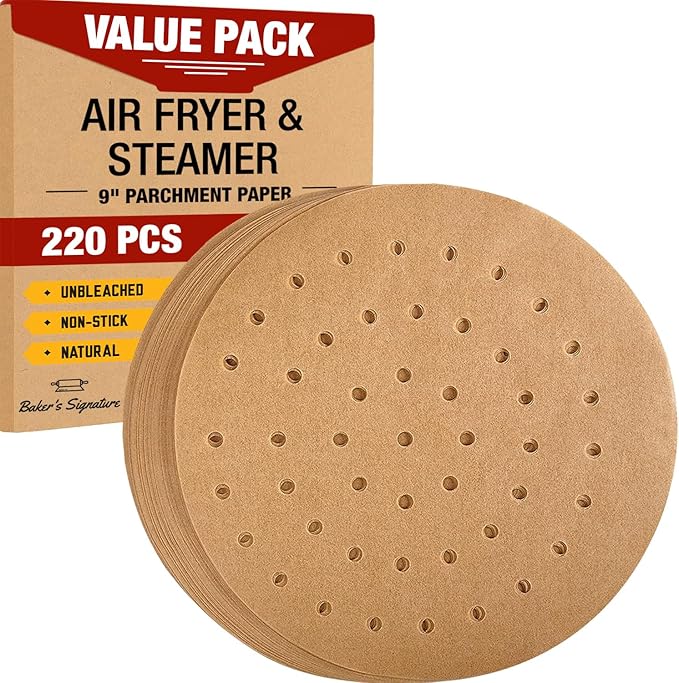 9??Steamer Paper, Air Fryer Round Parchment Paper Liners ??220pcs Unbleached Bamboo Steamer Liners ??Easy Cleanup, Will Not Burn or Curl, Non-Toxic & Convenient Packaging by Baker?™s Signature