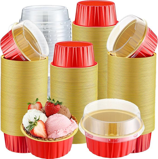 Gejoy 400 Pcs Aluminum Foil Baking Cups with Lids 5 oz Disposable Ramekins Mini Cake Pans Creme Brulee Cupcake Liners Muffin Tins Flan Mold Dessert Container for Wedding(Red,Gold,Classic)