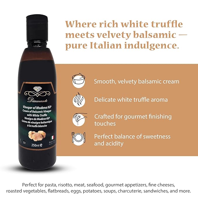 Diamante Italy Cream of Balsamic Vinegar with White Truffle Vinegar of Modena IGP - Gourmet & Luxurious Vinegar for Dressing, Dipping & Glazing - Non GMO & Made in Italy - 250ml