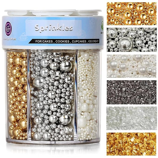 Sprinkles for Cake Decorating, 11Oz 3 Colors Gold Silver White Pearl and Sanding Sugar Sprinkles Mix for Cake Cupcake Ice Cream Donuts Cookie Baking Toppings